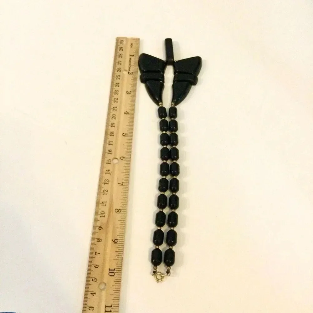 Vintage Womens Black Paddle Barrel Shape Beads Chunky Statement Necklace Jewelry